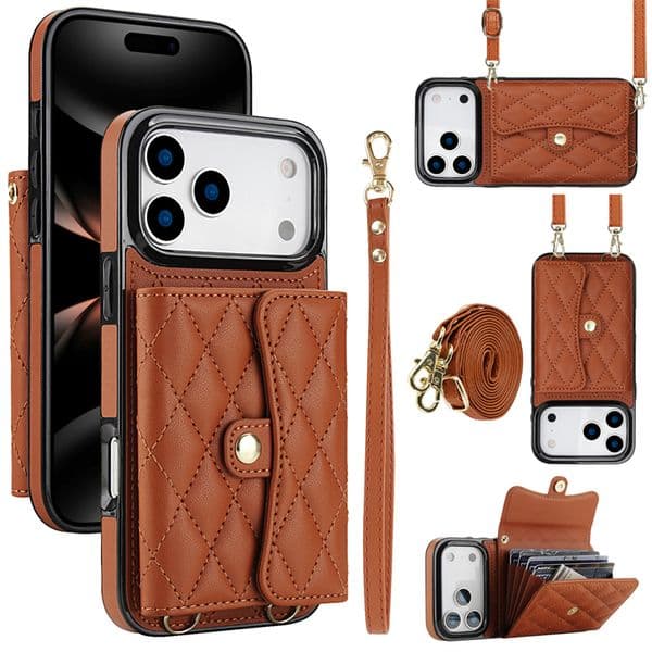 Applicable iPhone 17 Pro phone case Samsung S26 Ultra protective leather cover with diagonal shoulder strap diamond pattern small floral design