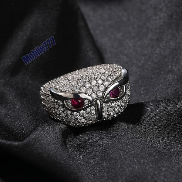 Edgy 3D Owl Head Statement Moissanite Ring Hip Hop Gothic Full Bling Micro Paved Stone Ring Y2K Punk Personalized Unisex Fashion Accessory for Streetwear Party Gift