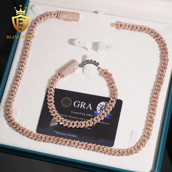 New Trendy Fine Jewelry 925 Sterling Silver Moissanite Diamond Iced Out 8mm Two Rows Hip Hop Moissanite Cuban Link Chain