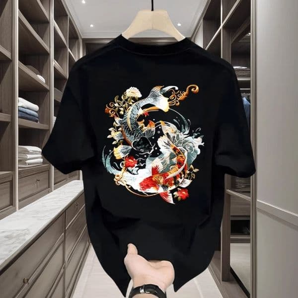 Luxurious Brand Designer Short-sleeved T-shirt With Summer Koi Fish Print, Chinese Style National Trend, Loose And Casual Round-neck Base Layer Shirt