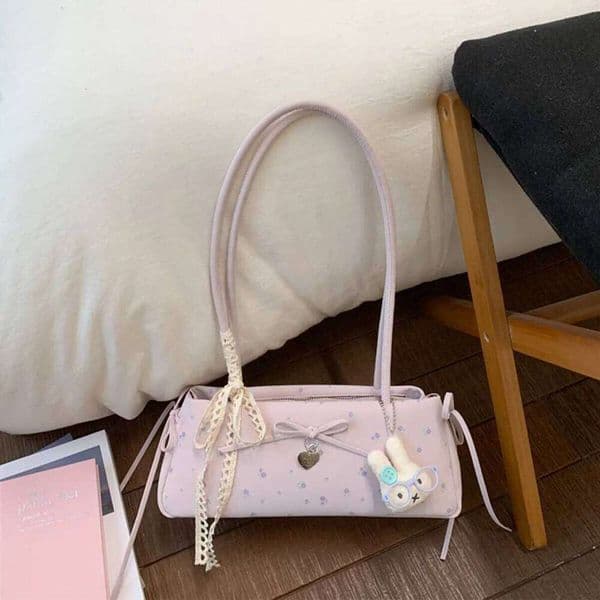 French Chic Women Underarm Floral Lace Tie Bow Shoulder Bag Bunny Charm PU Leather Lightweight Handbag for Daily Date