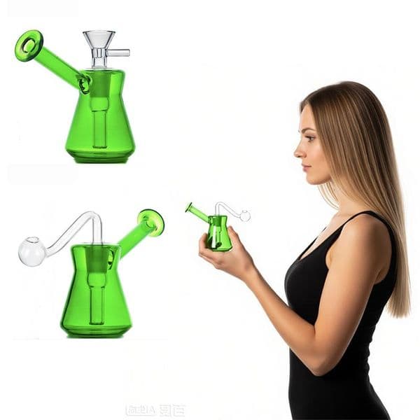 Travel MINI Green colorful Recycler Glass tobacco Bong Hookah Thick Showerhead Smoking Water oil burner Pipe with 14mm male smoking oil banger bowl