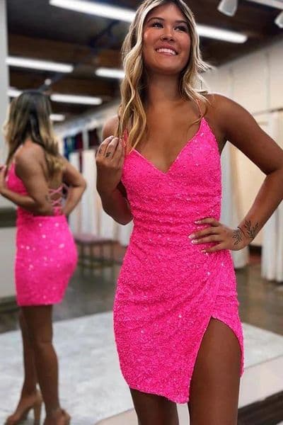Custom Sexy Evening Dress Full Sequin V Neck Criss Cross Lace Up Back Asymmetric Wrap Slit Short Multi Color Homecoming Cocktail Plus Size Free Shipping