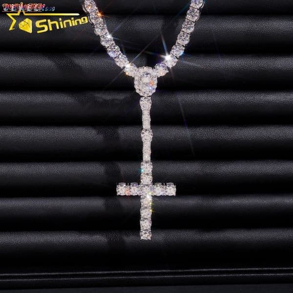 New Arrival Hot Sell Iced Out 5MM Width 925 Sterling Silver VVS Moissanite Rosary Cross Tennis Chain Necklace