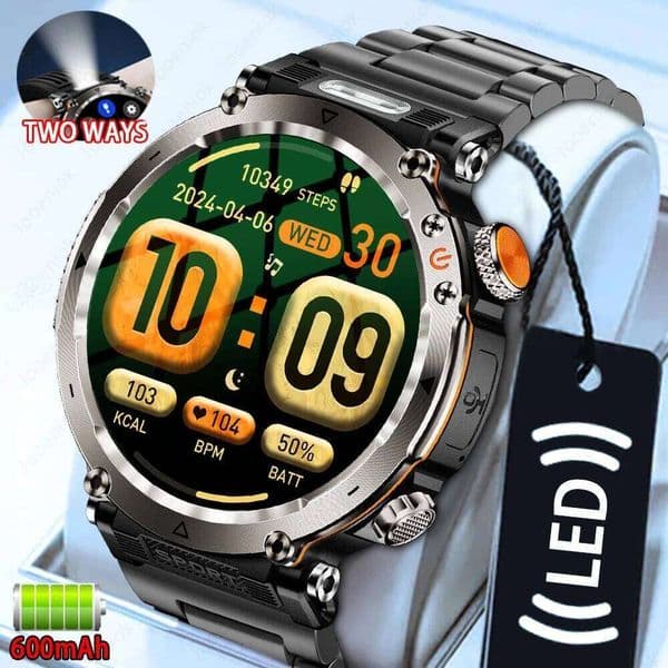 Men's Outdoor Sports Rugged Smart Flashlight Bluetooth Call IP68 Waterproof Watch Money Checking Light Health Smartwatch