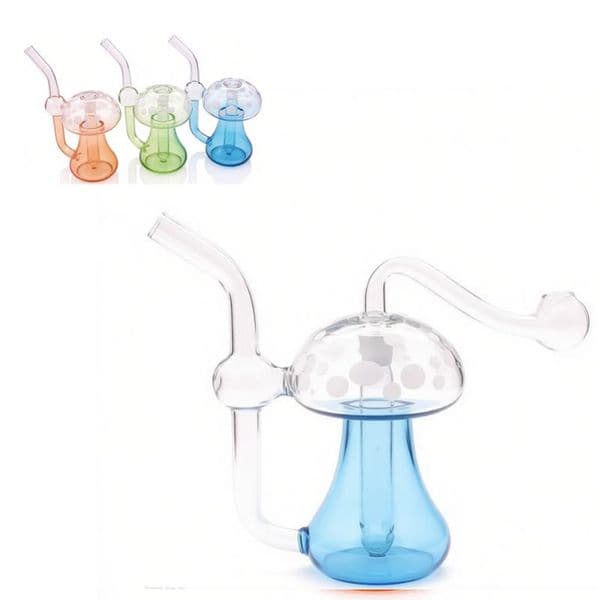 Creative Mushroom Shape Glass Oil Burner Bubbler Pipe Mini Glow In The Dark MINI Water Bongs Pipes Hookah Bubblers with silicone hose and 10mm male banger bowl