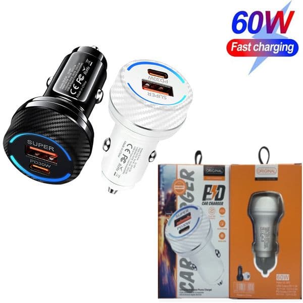 QC3.0 USB C 60W Car Charger Super Fast Charging PD 30W Quick Charge With Light Cigarette Lighter Plug Travel Power Adapter For iphone 17 16 15 14 Samsung Huawei Xiaomi