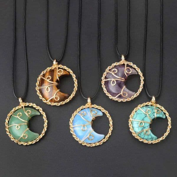 Natural Stone Wrapped Copper Wire Moon Pendant Crystal Rose Quartz Tiger Eye Amethysts Opal Women Necklace DIY Jewelry Accessory