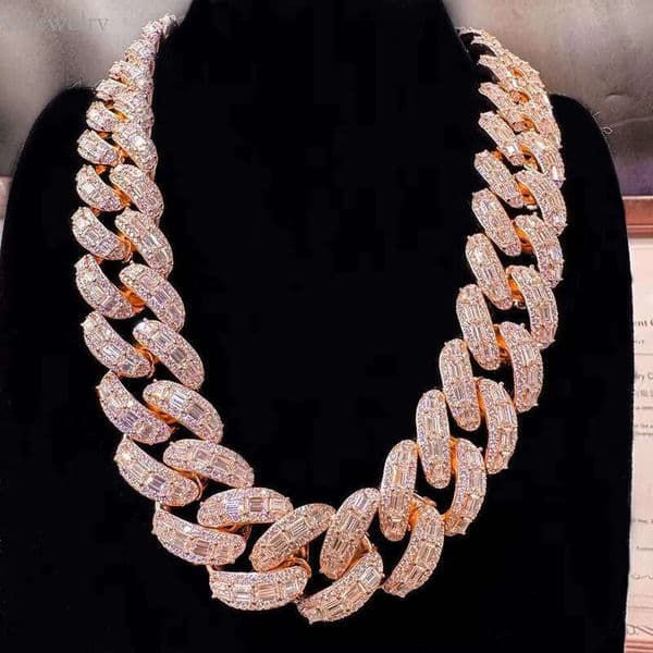 Rappers 20MM Iced Out Rose Gold Emerald Cut Moissanite Cuban k Mens Hip Hop Miami Chain