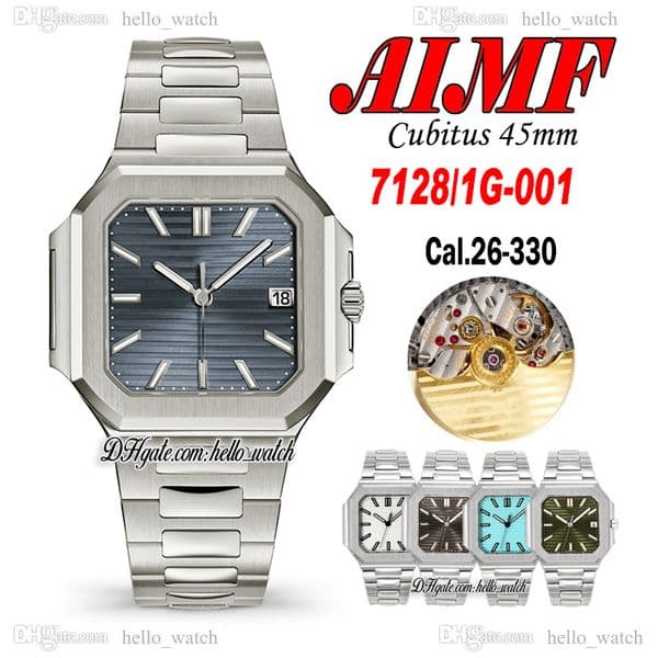 AIMF Cubitul 45mm 7128/1G-001 Cal.26-330 Automatic Mens Watch 5821 Blue Texture Dial Stick Markers Stainless Steel Bracelet Gents Watches Hello_watch E267A