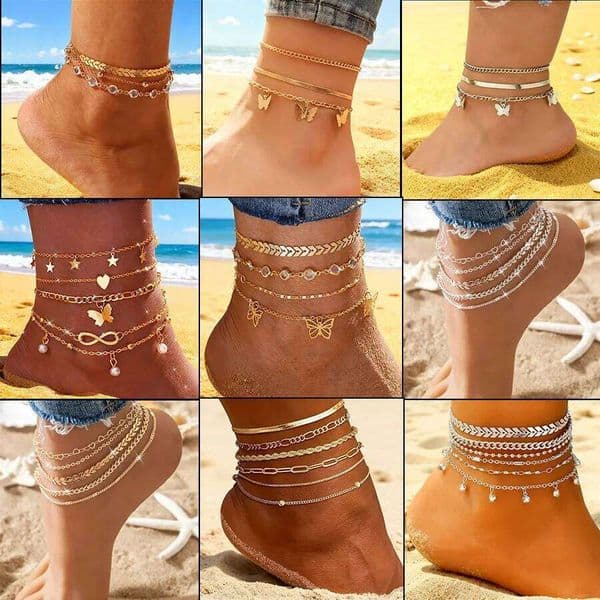 1set Gold Color Simple Anklets For Beach Foot Jewelry Leg Chain Ankle Bracelets Women Accessories