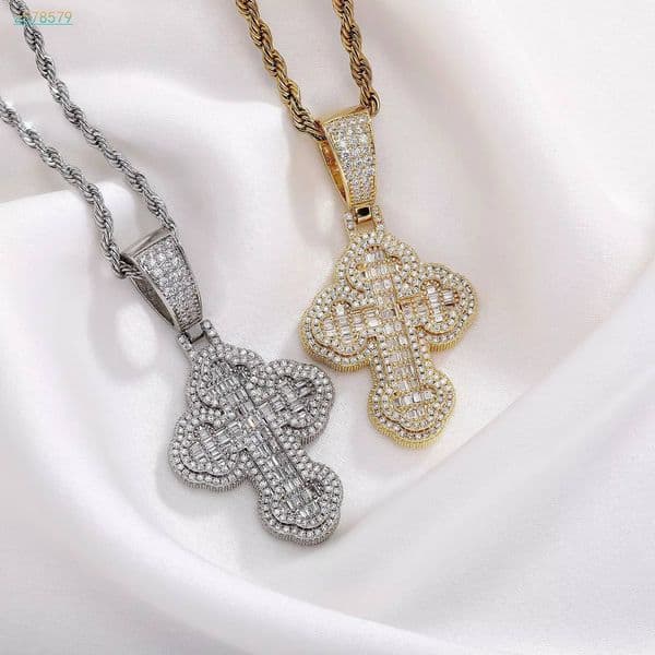 Moissanite cross pendant Vintage Iced Out Baguette Cross Pendant Necklace Trendy Link Chain with Cloud Design