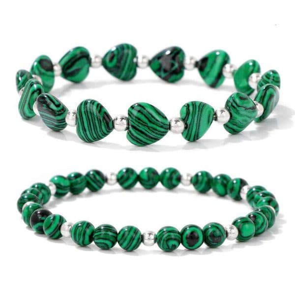 2pcs/set Natural Stone Elastic Bracelet Fashion Love Heart Shape Green Malachite Opal Beads Bracelets Women Men Couples Jewelry