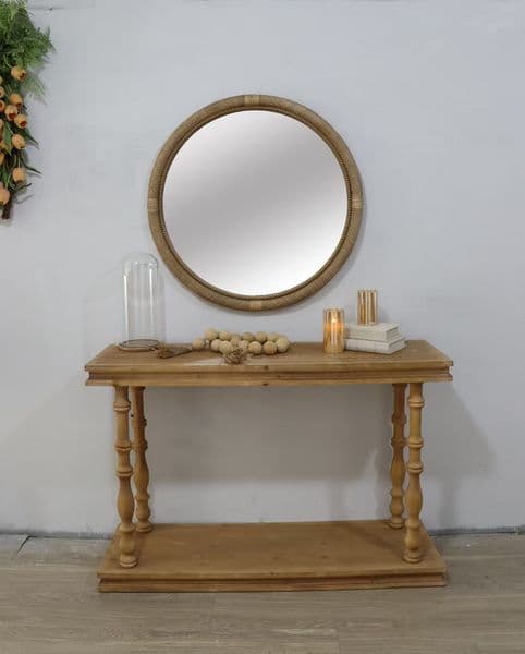 31.9" Woven Rattan Decorative Round Mirror with Wrapped Accents