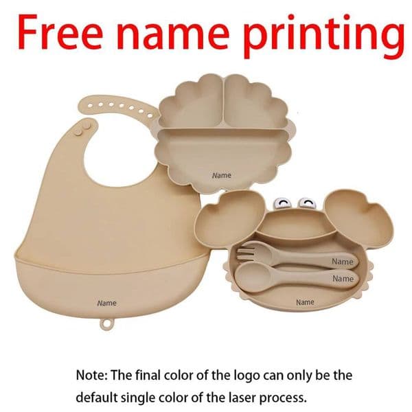 Free Name Printing Children's Tableware Set: Bib, Plate, Fork, Spoon - Silicone Material Personalized Gift ddmythur