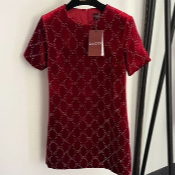 high-end foreign trade model new style, full-body monogram with sparkling rhinestones, high-grade gold velvet short-sleeve dress