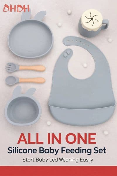 Feeding Silicone Bowl with Suction, Bib, Cup, Fork & Spoon | Infant Tableware Kids Plate BPA-Free Baby Dishes Set ddmythur