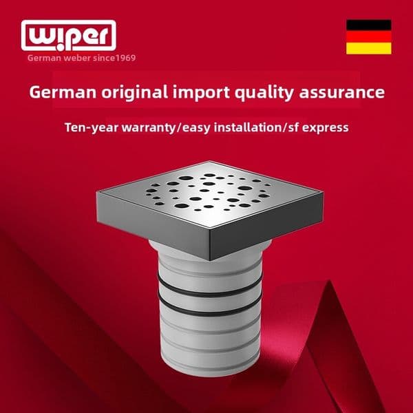 German Wiper square-shaped direct-flow drain, 75mm pipe, 304 stainless steel, anti-odor floor drain for bathroom, high drainage capacity
