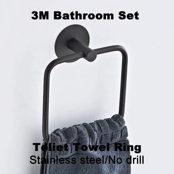 No Drill 3M Self Adhesive Black Towel Ring 304 Stainless Steel Waterproof Rustproof Wall Mount Towel Holder For Bathroom