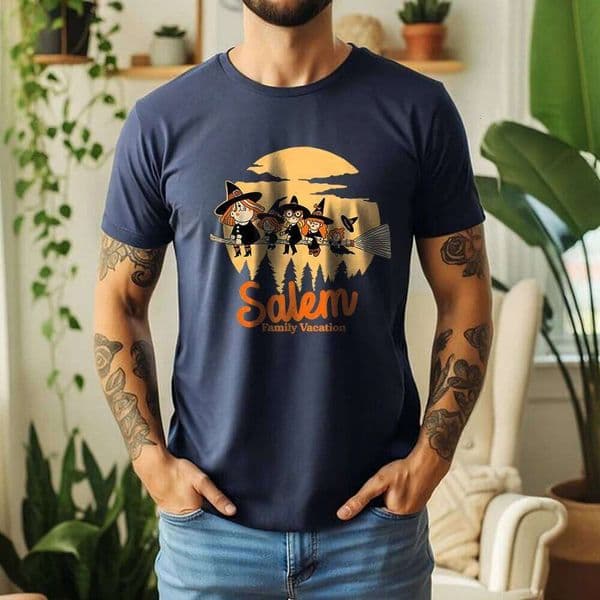 Mens Casual Cotton Tee Soft Short Sleeve with Salem Witch Family Vacation Graphic Halloween Style Daily Wear