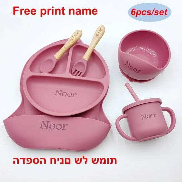 6Pcs Silicone Tableware For Kids Baby Feeding Sets Sucker Bowl Dining Plate Spoon Fork Bib Cup Personalized Name Children's Gift ddmythur
