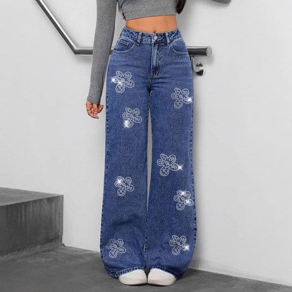 Fashion Embroidery Designer Jeans Luxury Women's High Waisted New High-end Floral Rhinestone Decoration Loose Straight Leg Pants Outdoor Street Sports Hip-hop