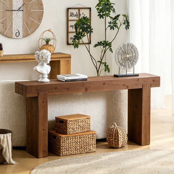 Rustic Farmhouse Wooden Console Table with Neutral Wicker and Natural Decor for Entryway Table