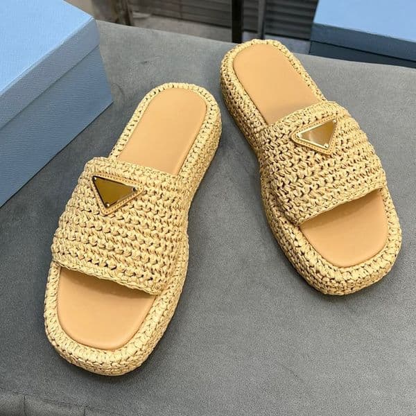 Designer Sandals Women Designer Slides Casual top quality shoe sandals women men triangle Sliders fashion sandal Raffias Straw weave platform shoes beach pool