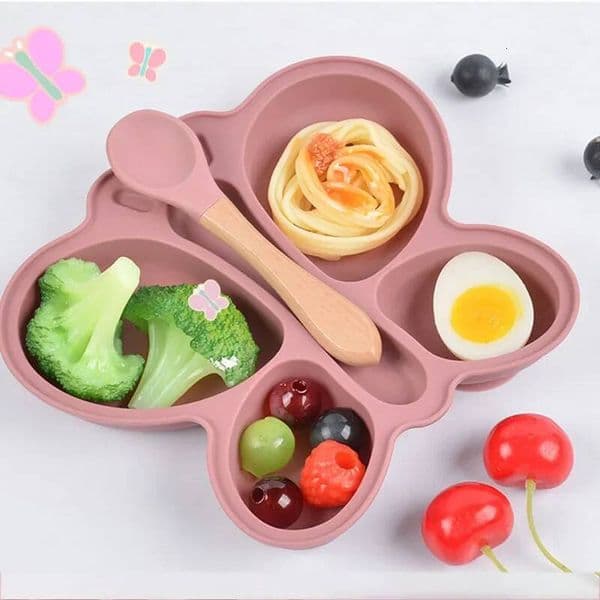 2pcs Baby Butterfly Silicone Dining Plate Sucker Bowl Divided Sectioned Traininig Self-feeding Spoon Non-Slip Kid Tableware Set ddmythur