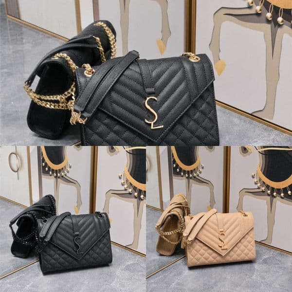 Free Shipping designer luxury Beige LARGE Medium Envelope GRAIN DE POUDRE EMBOSSED Leather Purse Chain Black Women's crossbody shoulder bag good quality