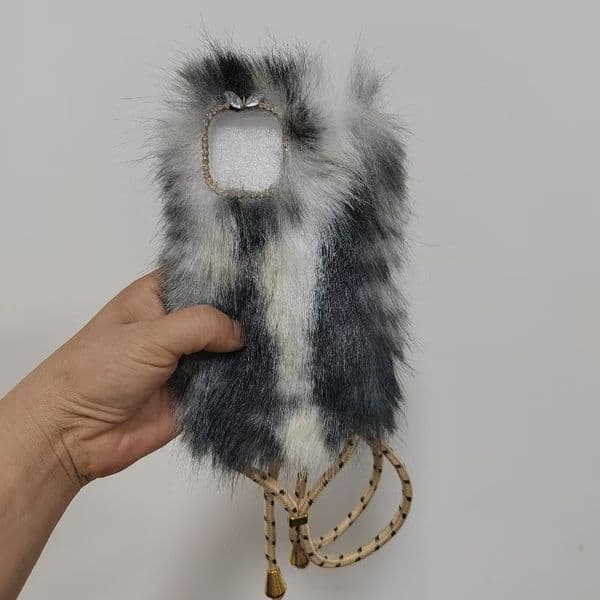 Winter Furry Phone Case with Lanyard, Shockproof Fluffy Phone Cover, Multi-Color for iPhone