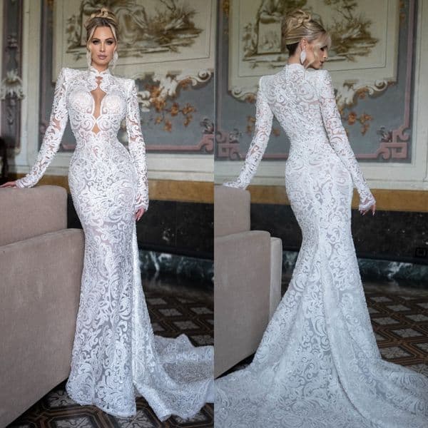 Vintage Mermaid Wedding Dress Jewel Neck Long Sleeves Bridal Gowns Lace Beaded Sweep Train Dresses Custom Made vestidos de novia