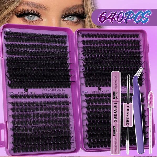 DIY Lash Cluster - Fluffy Volume DIY Eyelash Extension Kit with Lash Bond and Seal, Handmade Reusable False Eyelashes Natural Look with Wispy Finish