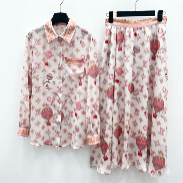 Designer Spring Summer New Hot Air Balloon Monogram Print Set Shirt Skirt Color Trim Casual Versatile Two Piece