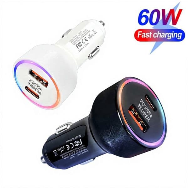60W USB C Super Fast Charging Car Charger With Colorful Light PD30W Quick Charge Cigarette Lighter Plug Travel Power Adapter For iPhone Samsung Huawei Xiaomi Teblet