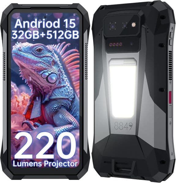 Tank X Rugged Smartphone 5G, IP68 Waterproof Android 15 Unlocked Mobile Cell Phones with 220 Lumens Projector, 32GB+512GB, 120Hz Screen, 17600mAh 1200LM