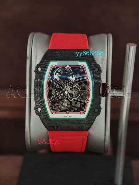 Luxury Watch Designer Automatic Mechanical Watch R M67-02 Carbon Fiber Case Red Weave Strap Hollow Dial Ultra Thin Fashion Wristwatch Yqtgood