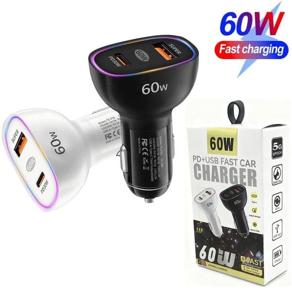 60W USB C Car Charger Super Fast Charging With Colorful Light PD30W Type C Quick Charge Cigarette Lighter Plug Power Adapter For iPhone 17 16 15 14 Samsung Huawei Xiaomi