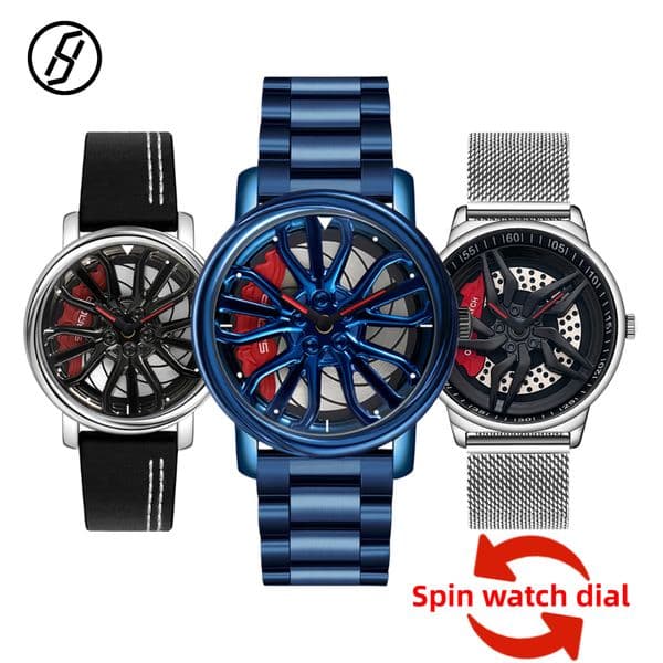 Trendy Cool Sporty Spin Wheel Hub Watch Men Stainless Steel Leather Strap Watch Mesh Strap Japanese Movement Business Quartz Watch Original Watch Design Watch