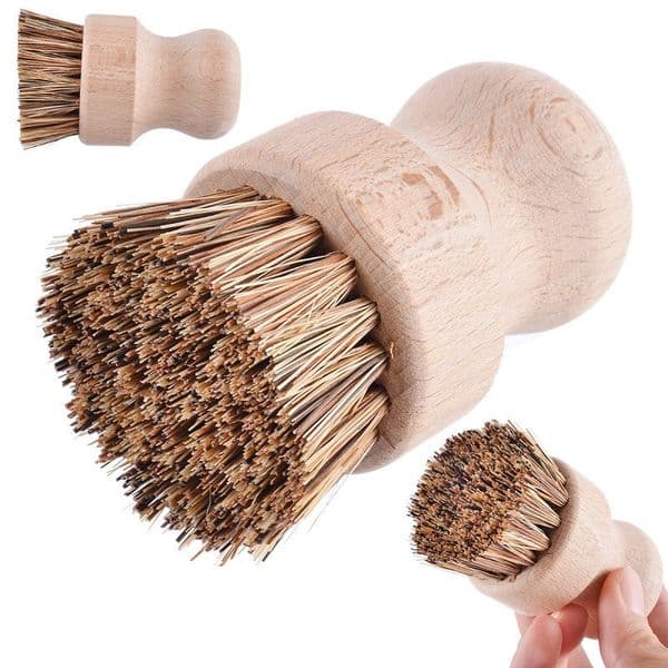 Kitchen Sisal Palm Brush Round Handle Bamboo Wooden Cleaning Scrubbers for Washing Cast Iron Pan Pot