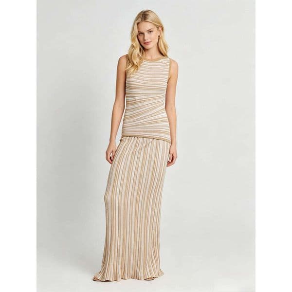 2026 Women Beige White Striped Knit Two Piece Set Sleeveless Tank Top & Flared Maxi Skirt Daily Office Lady