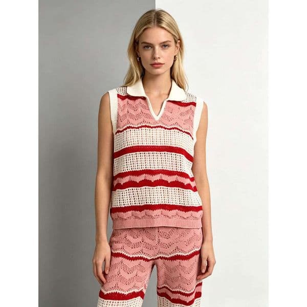French Preppy Striped Crochet Knit Vest, Contrast Polo Collar V-Neck Sleeveless Top, 2 Colors V Neck Slim Fit V Neck Slim Fit