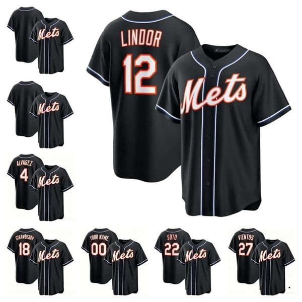 MLB Custom Mets Lindor Mark Vientos Juan Soto Darryl Strawberry Francisco Alvarez Fashion Replica Black Out Jersey New
