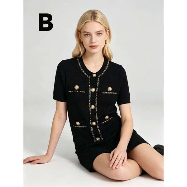 French Office Black Tweed-Style Knit Cardigan, Diamond Crochet Metal Chain Short Sleeve Round Neck Top Bandage Bodycon