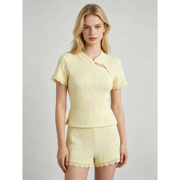 Sandro Dress Elegant Lady Three-Color Ribbed Knit Top, New Chinese Mandarin Collar Frog Button Hollow Short Sleeve T-Shirt