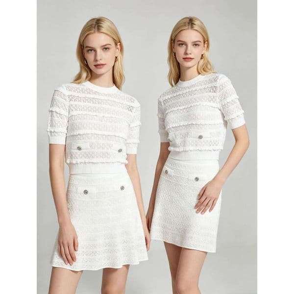 French Style White Knit Co-ord Set Women Lace Ruffle Short Sleeve Top and A-Line Skirt with Rhinestone Buttons Long Sleeve Elegant