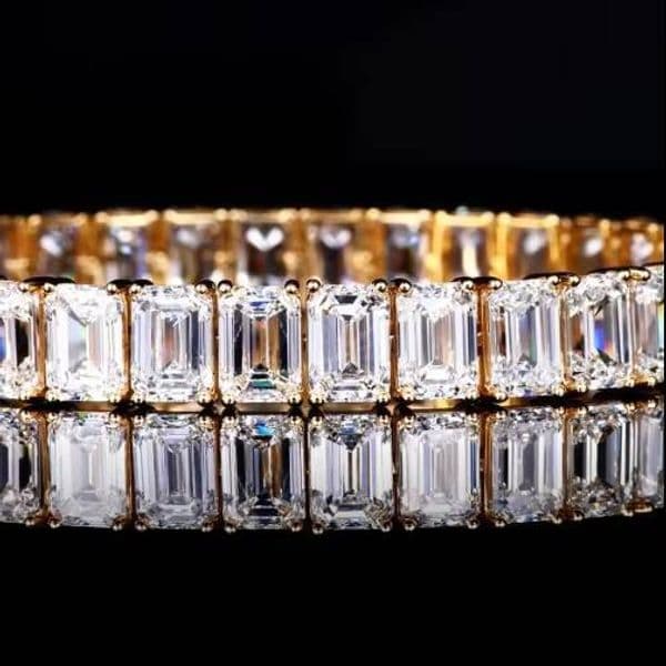 14K Solid Yellow Gold Emerald Cut Lab Grown Diamond Full Eternity Tennis Bracelet Luxury Iced Out Hip Hop Fine Jewelry