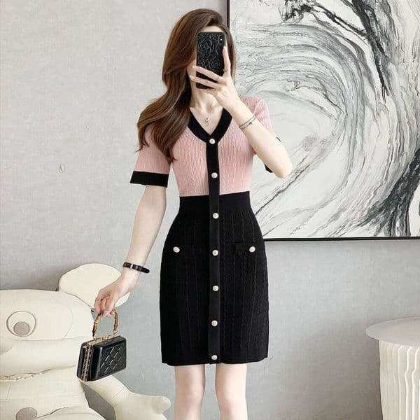 French Style Two-Tone Knit Dress, Pink & Black V-Neck Waisted Bodycon Midi Dress Sleeve Casual Daily