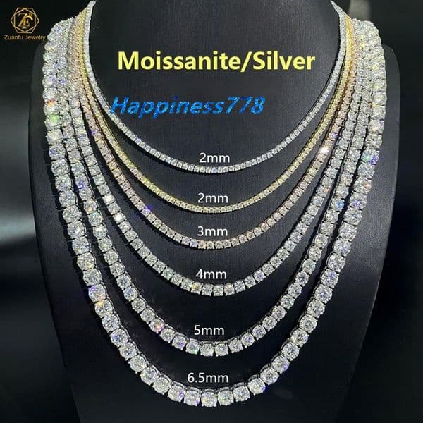 Luxury Mens Womens Hip Hop Tennis Chain Necklace Fine 2MM-5MM Lab Diamond S925 Silver VVS Moissanite Iced Fine Jewelry