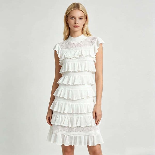 French Elegant White Knit Tiered Cake Dress, High Neck Crochet Ruffle Sleeve Waisted A-Line Dress, Feminine Sophisticated Style Bohemian Printed Bohemian Printed